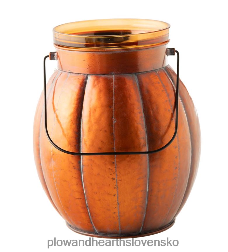 Plow & Hearth halloween tekvicový kovový lampáš s blikajúcou led sviečkou - strieborný 6P208P2423 domáce potreby