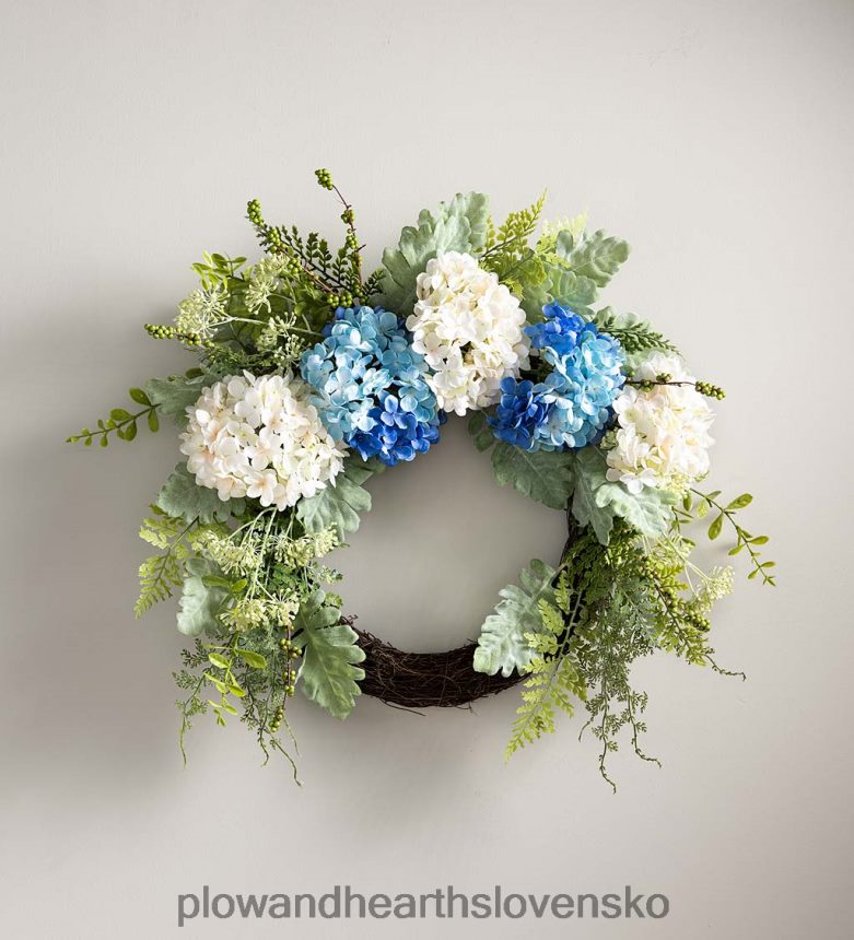 Plow & Hearth modro-biely umelý veniec z hortenzie so zeleňou 6P208P2441 domáce potreby