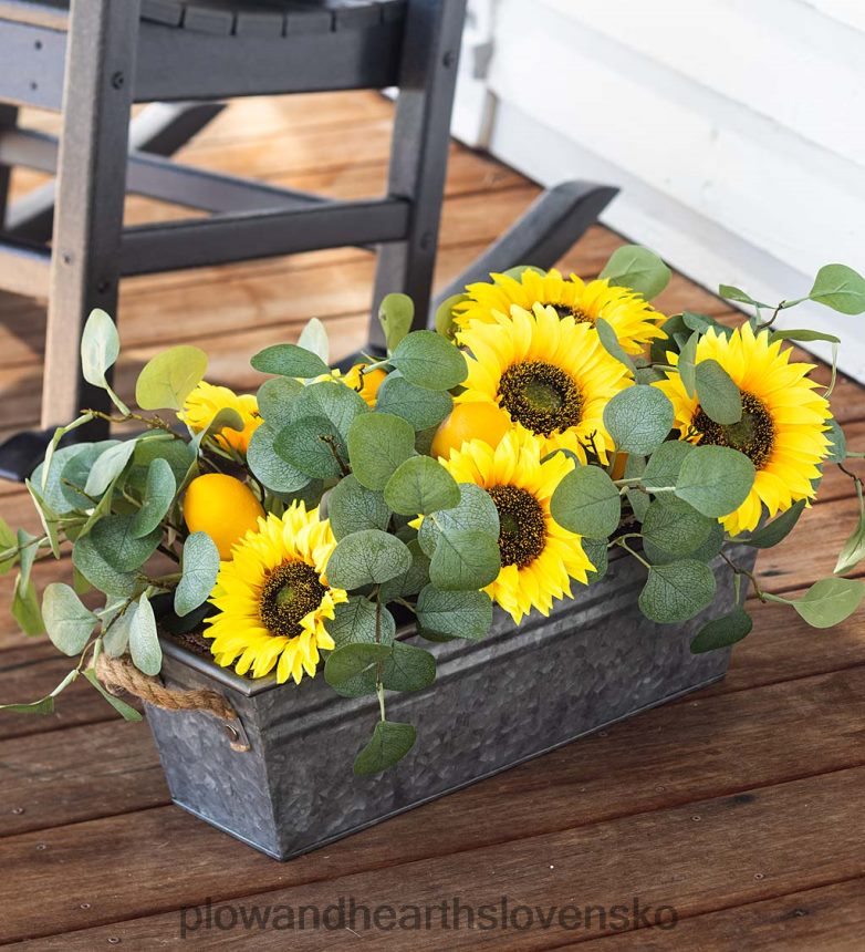 Plow & Hearth umelý kvetinový aranžmán slnečnice, citrónu a eukalyptu v kvetináči 6P208P2426 domáce potreby