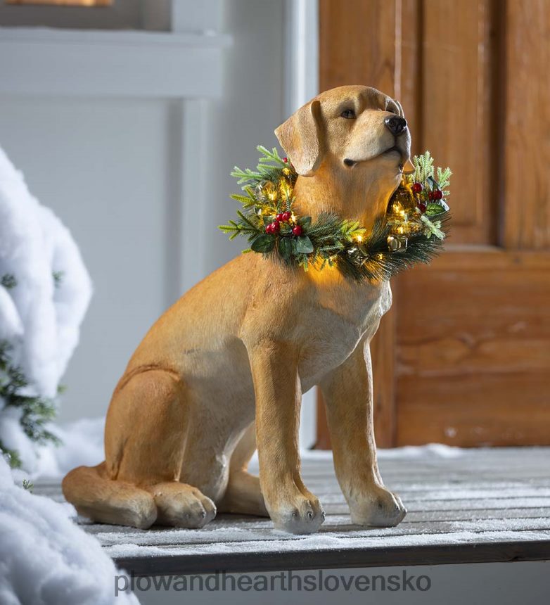 Plow & Hearth žltá socha labradora s odnímateľným osvetleným sviatočným vencom 6P208P1693 domáce potreby