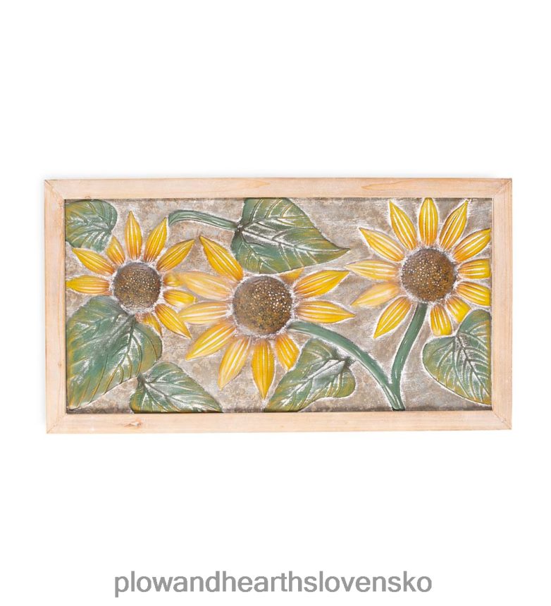 Plow & Hearth slnečnicový reliéfny kovový nástenný dekor s dreveným rámom 6P208P2344 domáce potreby