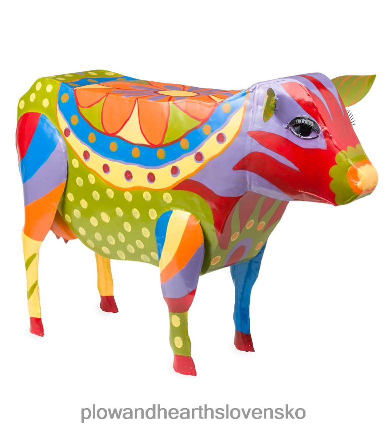 Plow & Hearth ručne vyrobený farebný maľovaný ľudovo-umelecký kravský kovový príručný stolík 6P208P1111 domáce potreby