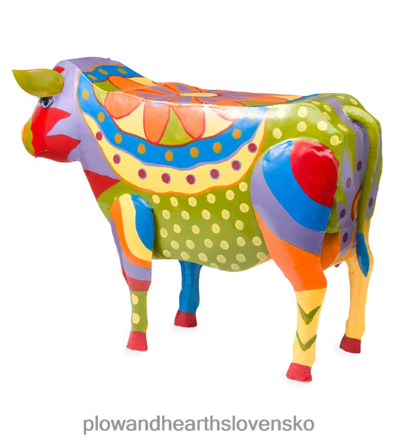 Plow & Hearth ručne vyrobený farebný maľovaný ľudovo-umelecký kravský kovový príručný stolík 6P208P1111 domáce potreby