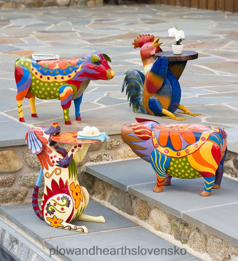 Plow & Hearth ručne vyrobený farebný maľovaný ľudovo-umelecký kravský kovový príručný stolík 6P208P1111 domáce potreby