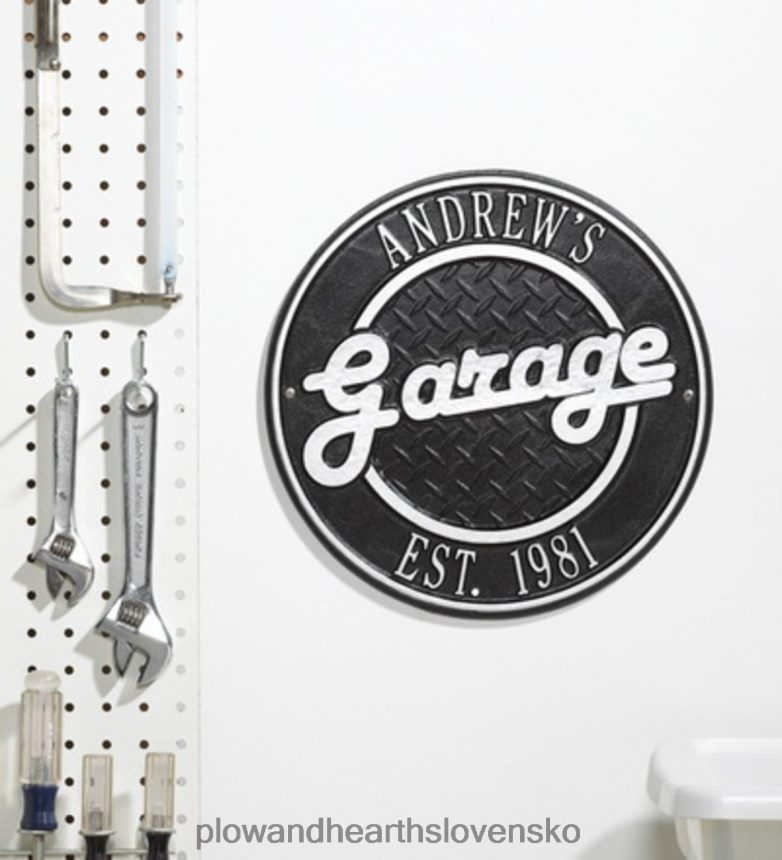 Plow & Hearth personalizovaná okrúhla retro garážová značka z liateho hliníka - čierna 6P208P718 dvor a záhrada