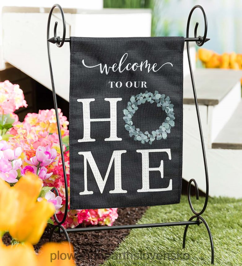 Plow & Hearth "Vitajte v našom dome" eukalyptová pytlovinová záhradná vlajka 6P208P575 dvor a záhrada