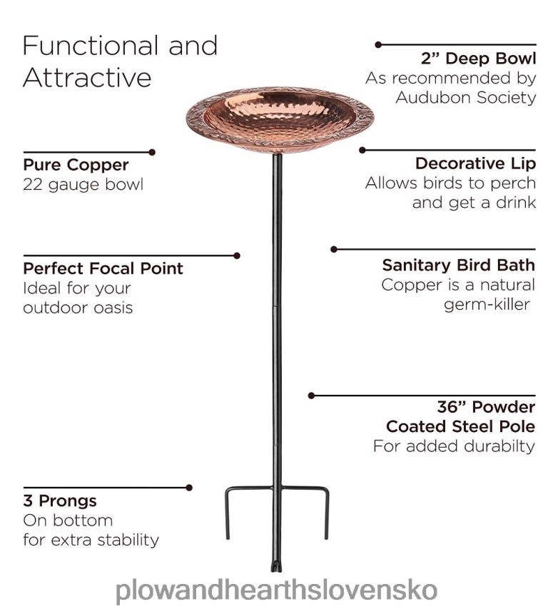 Plow & Hearth Kúpeľ pre vtáky z čistej medi na oceľovej tyči s práškovým nástrekom s pevným trojbodovým kolíkom 6P208P830 dvor a záhrada