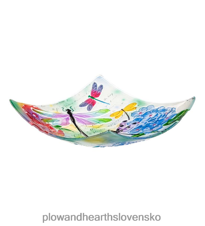 Plow & Hearth ručne maľovaný embosovaný štvorcový sklenený kúpeľ vážky a kvetov 6P208P843 dvor a záhrada