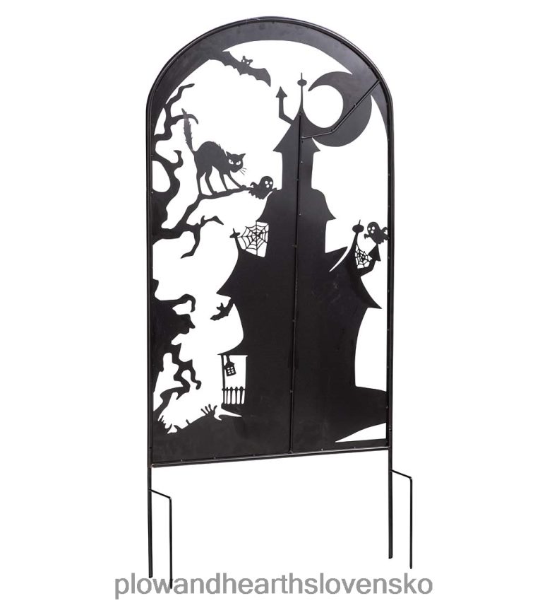 Plow & Hearth kovové halloweenske treláže v dizajne čarodejníc a strašidelných domov - strašidelný dom 6P208P203 dvor a záhrada