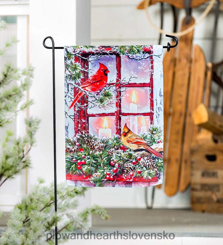 Plow & Hearth kardináli v okne semišová záhradná vlajka 6P208P56 dvor a záhrada