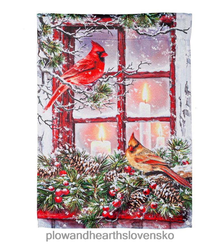 Plow & Hearth kardináli v okne semišová záhradná vlajka 6P208P56 dvor a záhrada