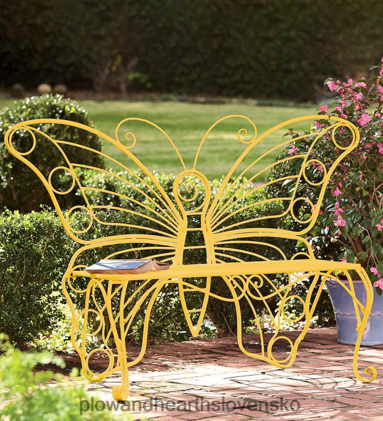 Plow & Hearth žltá kovová motýľ záhradná lavička - žltá 6P208P499 dvor a záhrada
