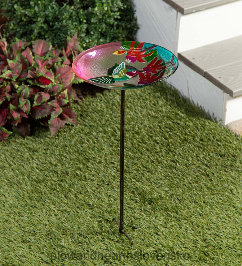 Plow & Hearth kolibrík trepotať sklenený kúpeľ pre vtáky záhradný kôl 6P208P445 dvor a záhrada
