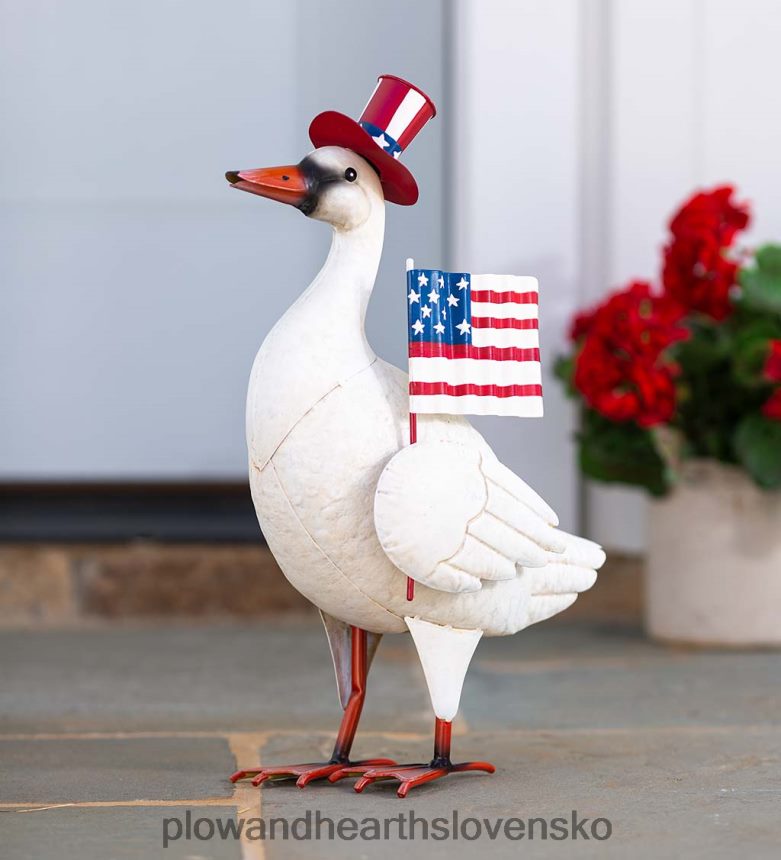 Plow & Hearth kovová vlastenecká socha husi s americkou vlajkou a cylindrom 6P208P155 dvor a záhrada