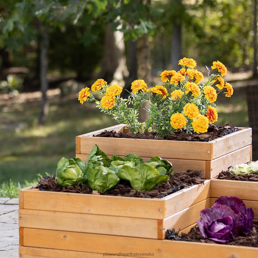 Plow & Hearth drevený štvorkocový samostatný vyvýšený záhradný kvetináč 6P208P909 dvor a záhrada