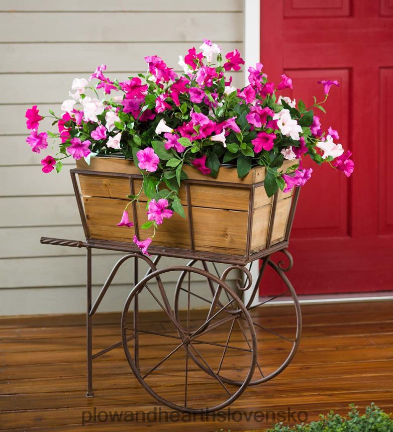 Plow & Hearth drevený vagónový kvetináč/držiak na nápoje s kolieskami 6P208P952 dvor a záhrada