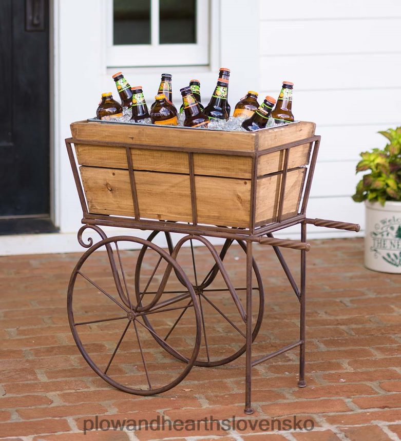 Plow & Hearth drevený vagónový kvetináč/držiak na nápoje s kolieskami 6P208P952 dvor a záhrada