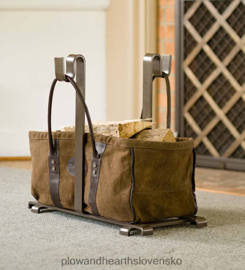 Plow & Hearth ťažký plátenný nosič guľatiny s koženými rúčkami 6P208P2863 krb