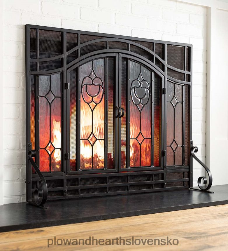 Plow & Hearth dvojdverová krbová zástena so sklenenými kvetinovými panelmi 6P208P2876 krb