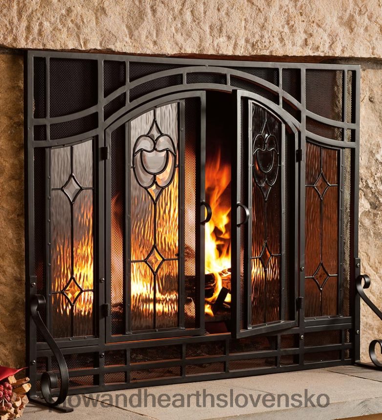 Plow & Hearth malá dvojdverová krbová zástena so sklenenými kvetinovými panelmi - čierna 6P208P2877 krb