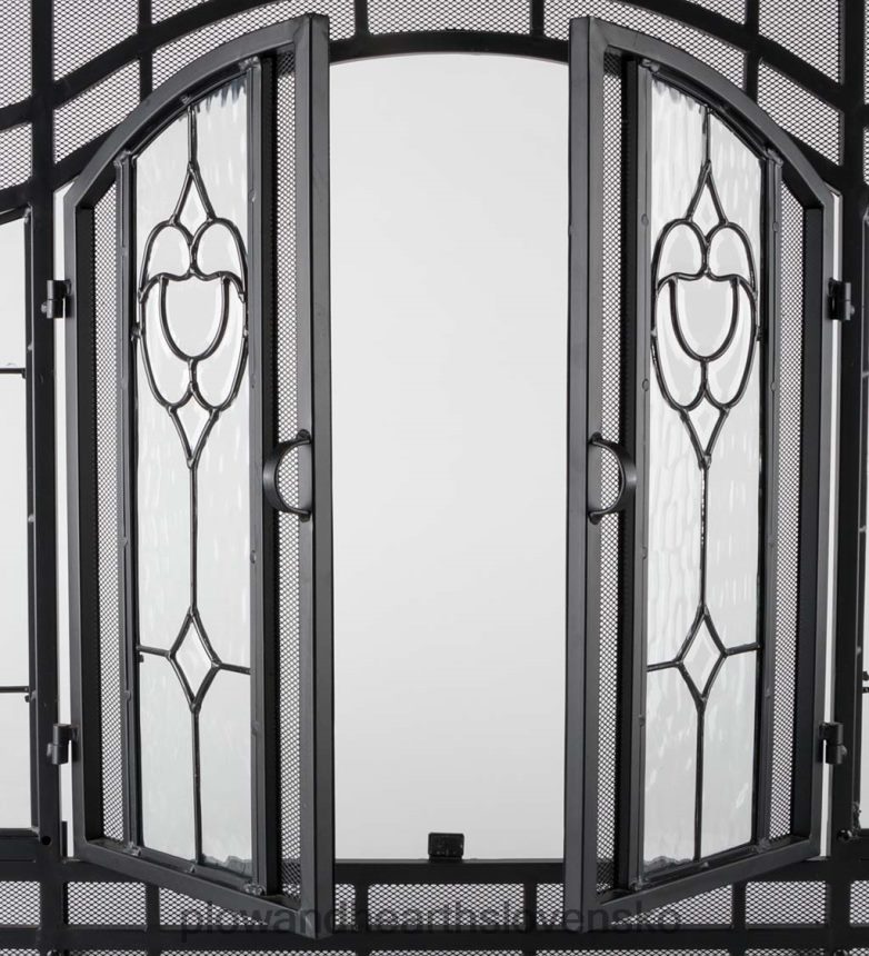 Plow & Hearth malá dvojdverová krbová zástena so sklenenými kvetinovými panelmi - čierna 6P208P2877 krb