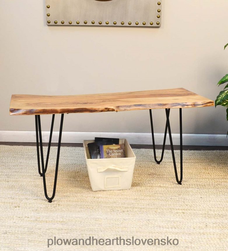 Plow & Hearth lavica/stôl z akáciového dreva so živým okrajom s nohami vlásenky - čierna 6P208P2011 nábytok