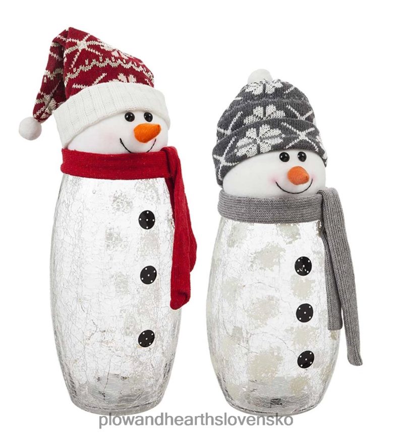 Plow & Hearth led praskajúci sklenení snehuliaci s pletenými čiapkami, sada 2 ks 6P208P2231 sezónne a darčeky